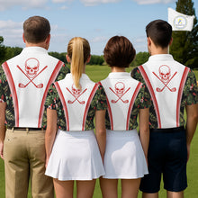 Load image into Gallery viewer, Custom Mens Golf Polo Shirts Funny Tropical Leaf Cross Skull Golf Clubs White Golf Shirt|Red NBT704