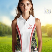 Load image into Gallery viewer, Custom Womens Sleeveless Golf Polo Shirts Funny Tropical Leaf Cross Skull Golf Clubs White Golf Shirt|Red NBT704