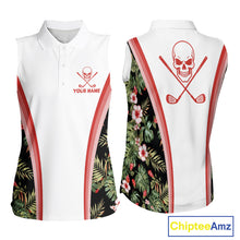 Load image into Gallery viewer, Custom Womens Sleeveless Golf Polo Shirts Funny Tropical Leaf Cross Skull Golf Clubs White Golf Shirt|Red NBT704
