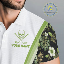 Load image into Gallery viewer, Custom Mens Golf Polo Shirts Funny Tropical Leaf Cross Skull Golf Clubs White Golf Shirt|Green NBT706
