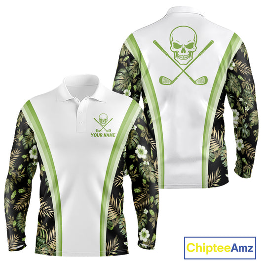 Custom Mens Golf Polo Shirts Funny Tropical Leaf Cross Skull Golf Clubs White Golf Shirt|Green NBT706