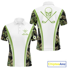 Load image into Gallery viewer, Custom Mens Golf Polo Shirts Funny Tropical Leaf Cross Skull Golf Clubs White Golf Shirt|Green NBT706