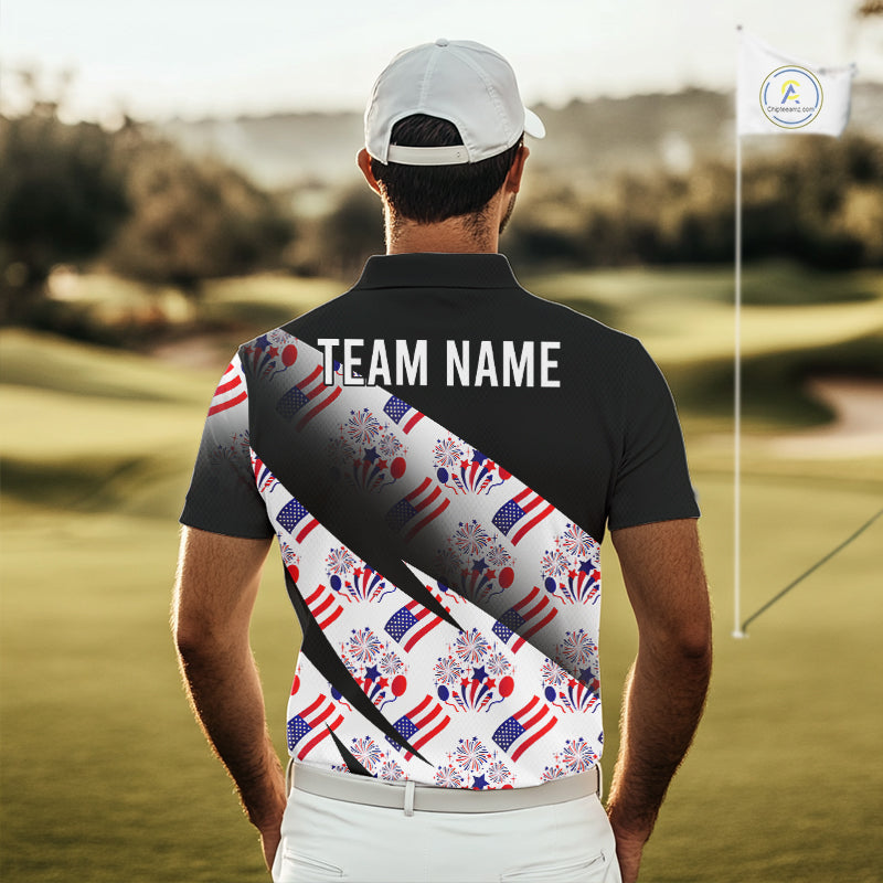 Man on a golf course wearing a black American 250th anniversary golf polo shirt with 'TEAM NAME' text