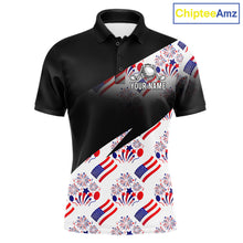 Load image into Gallery viewer, Front view of America 250th Anniversary mens golf polo shirt with patriotic USA flag design