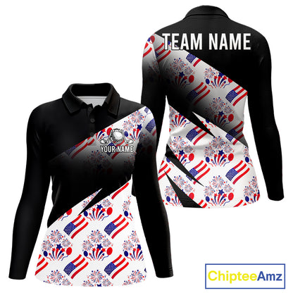 Front and back view of America 250th Anniversary womens long sleeve golf polo shirt with patriotic USA flag design