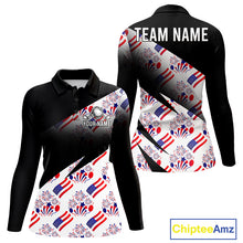 Load image into Gallery viewer, Front and back view of America 250th Anniversary womens long sleeve golf polo shirt with patriotic USA flag design