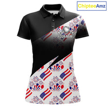 Load image into Gallery viewer, Front view of America 250th Anniversary womens golf polo shirt with patriotic USA flag design