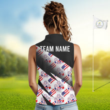 Load image into Gallery viewer, Woman wearing an America 250th Anniversary womens sleeveless golf polo shirt and 'Team Name' text on the back, standing on a golf course.