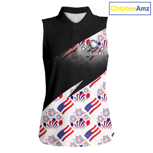 Front view of America 250th Anniversary womens sleeveless golf polo shirt with patriotic USA flag design with custom name on the chest 