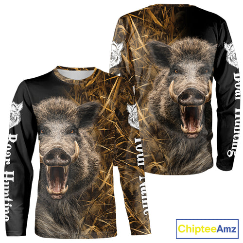 Custom Boar Hunting Brown Camo Shirts for Men, Hunting Gifts, Camouflage Boar Hunting Shirt NBT267
