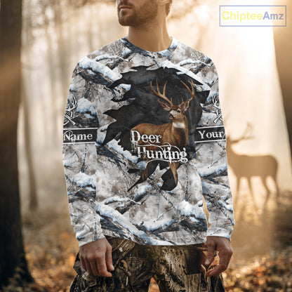 Whitetail Deer Hunting Shirts Custom Name Snow Camo, Deer Season Hunting Clothes For Men NBT273