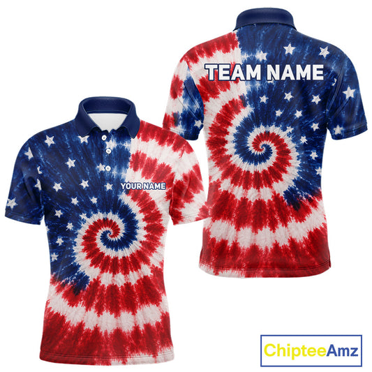 Front and back view of American flag tie dye mens golf polo shirt with personalized name