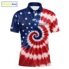 Load image into Gallery viewer, Front view of American flag tie dye mens golf polo shirt with custom name on the chest