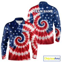Load image into Gallery viewer, Front and back view of American flag tie dye mens long sleeve golf polo shirt with personalized name
