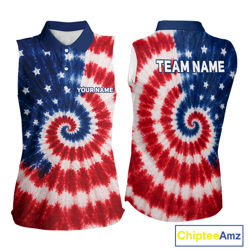 Front and back view of American flag tie dye womens sleeveless golf polo shirt with personalized name