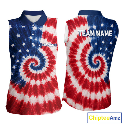 Front and back view of American flag tie dye womens sleeveless golf polo shirt with personalized name