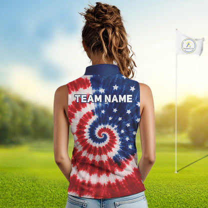 Woman wearing an American flag tie dye womens sleeveless golf polo shirt and 'Team Name' text on the back, standing on a golf course.