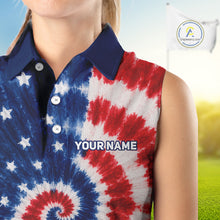 Load image into Gallery viewer, Close-up of American flag tie dye graphic on womens sleeveless golf polo