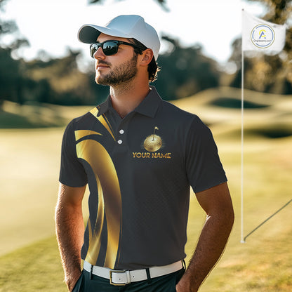 Man wearing a personalized black and golf golf pattern golf shirt on a golf course with custom name on the chest