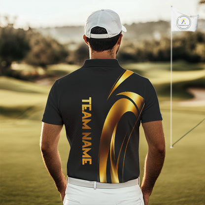 Man wearing a black and gold polo shirt with 'TEAM NAME' on the back, standing on a golf course.