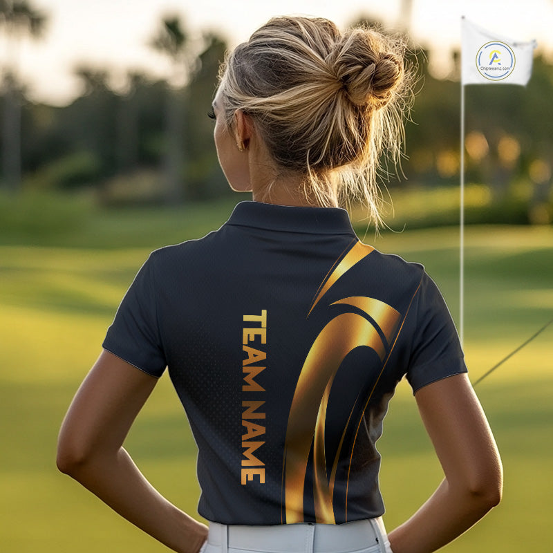 Woman wearing a Black and Gold mens golf polo shirt and 'Team Name' text on the back, standing on a golf course.