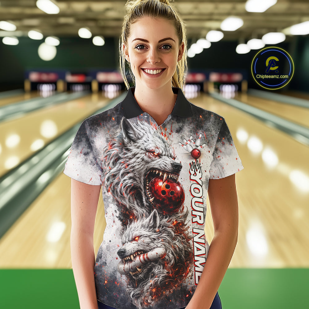 Custom Black And Gray Wolf Bowling Polo & 1/4 Quarter Zip Shirts For Women, Wolf Bowling Jerseys NBT886