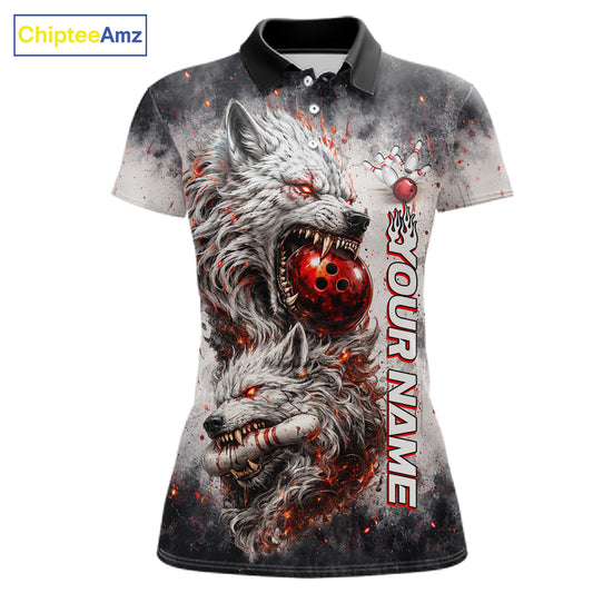 Front view of custom black and gray wolf bowling polo shirt for women