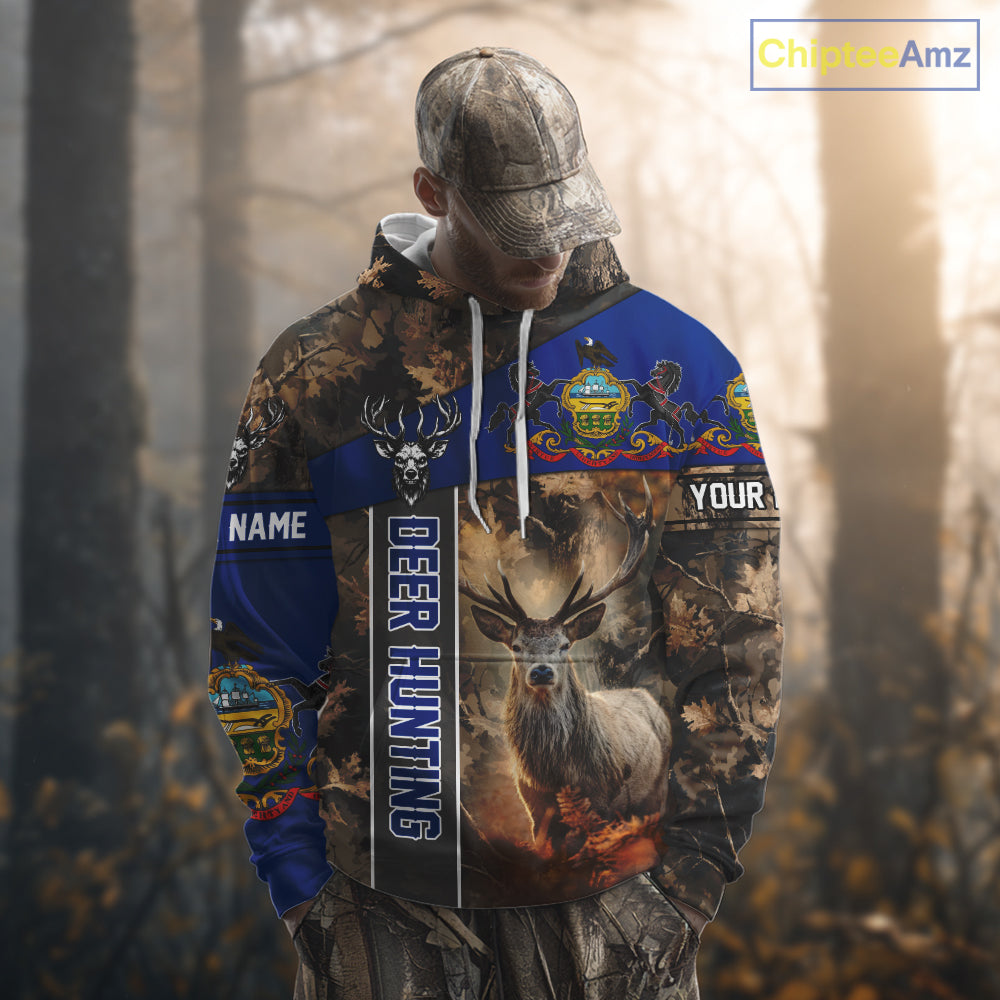 Pennsylvania Flag Deer Hunting Hoodie, Longsleeve Shirt, Brown Camo Custom Name NBT05