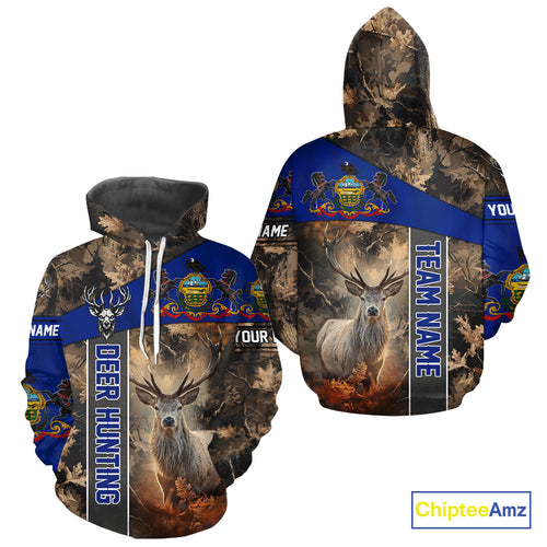 Pennsylvania Flag Deer Hunting Hoodie, Longsleeve Shirt, Brown Camo Custom Name NBT05
