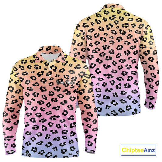Mens Golf Polo Shirts Custom Colorful Neon Gradient Leopard Pattern Team Mens Golf Top, Golf Gifts NBT493