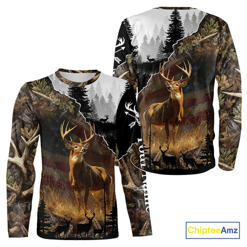Whitetail Deer Hunting US Flag Camouflage Custom 3D Shirts, Personalized Deer Hunting Shirt NBT196