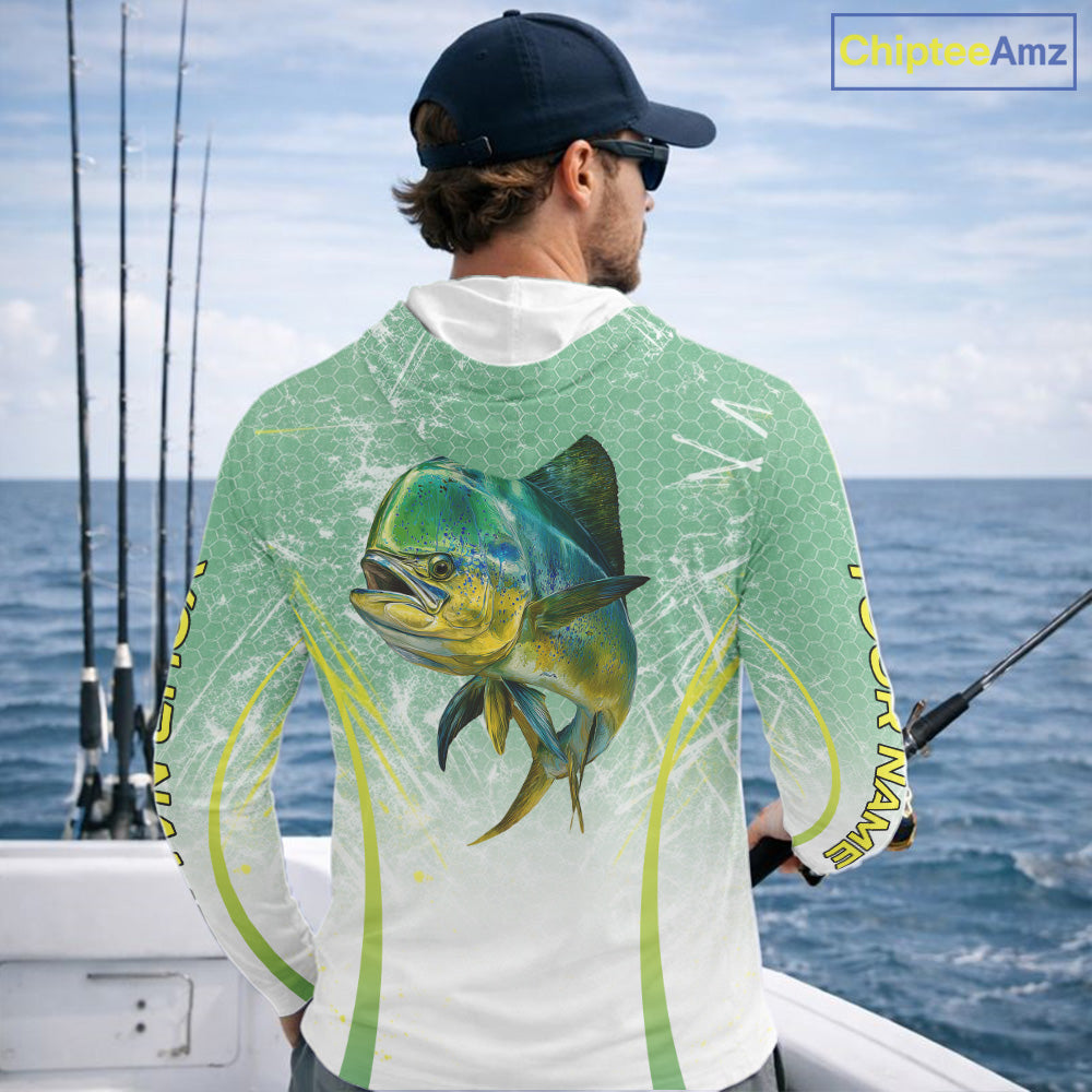Mahi Mahi Fishing Shirt Long Sleeve Hooded Green Camo, Saltwater Fishing Shirts For Men NBT405