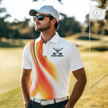 Load image into Gallery viewer, Man wearing Orange White Womens Golf Polo Shirt Custom Team Name Front View Short Sleeve 