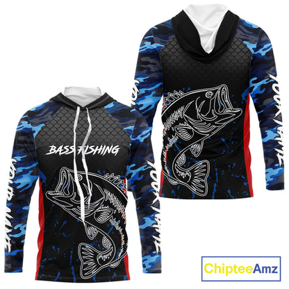 Bass Fishing Hooded Long Sleeve Shirts Blue Camouflage Fish Scale Tournament Bass Fishing Shirts NBT363