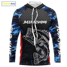 Load image into Gallery viewer, Bass Fishing Hooded Long Sleeve Shirts Blue Camouflage Fish Scale Tournament Bass Fishing Shirts NBT363