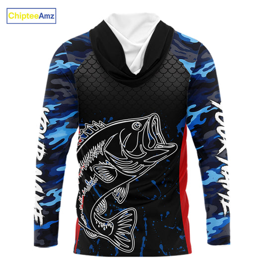 Bass Fishing Hooded Long Sleeve Shirts Blue Camouflage Fish Scale Tournament Bass Fishing Shirts NBT363