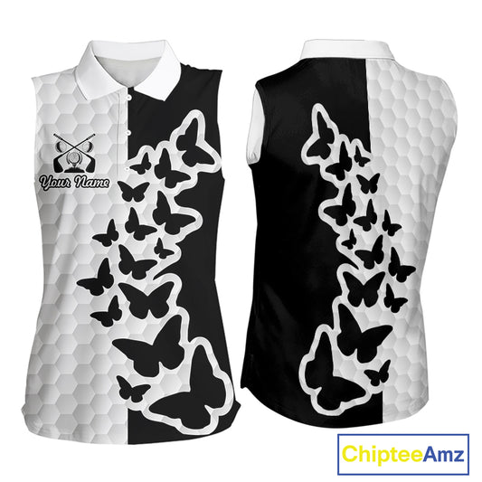Black And White Butterfly Womens Sleeveless Golf Polo Shirt Custom Name White Golf Shirts, Golf Attire NBT595