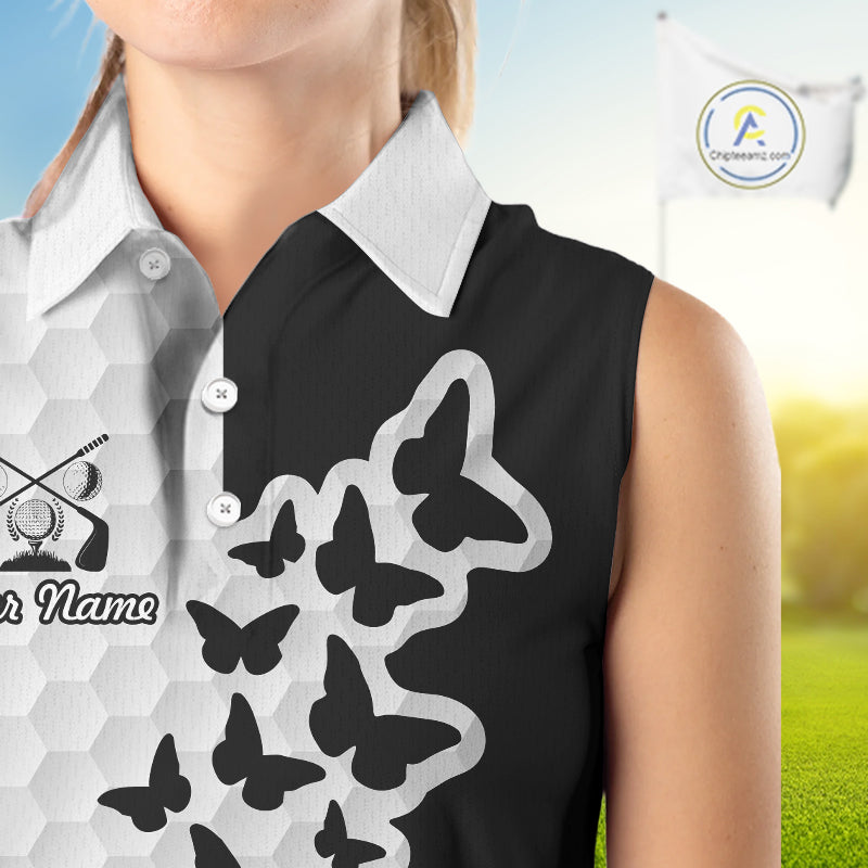 Black And White Butterfly Womens Sleeveless Golf Polo Shirt Custom Name White Golf Shirts, Golf Attire NBT595