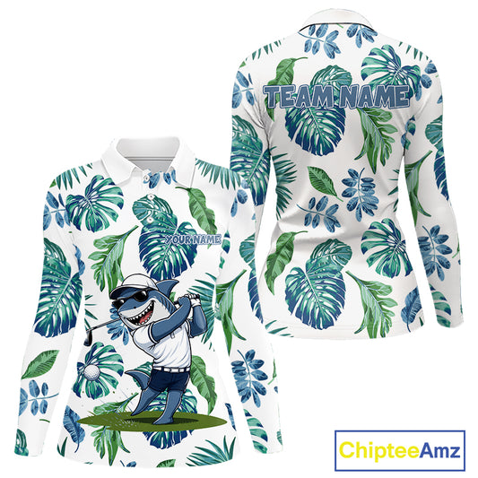 Funny Womens Golf Polo Shirt Tropical Pattern Custom Name Shark Playing Golf Shirt Funny Golf Apparel NBT715
