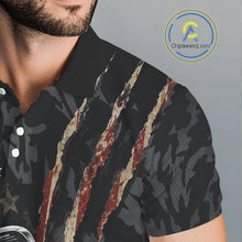 Load image into Gallery viewer, American Flag Golf Clubs Camo Mens Polo Shirt Detail View Patriotic Design