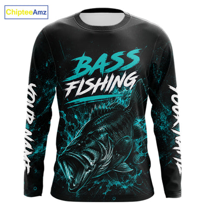 Front view of personalized bass fishing neon camo long sleeve shirt for men