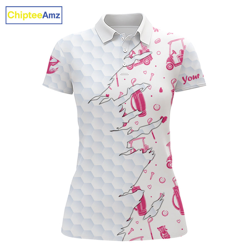 Women Golf Polo Shirt Custom Name Funny Golf Bag Cart Pattern Shirt, Golf Gifts For Ladies NBT825