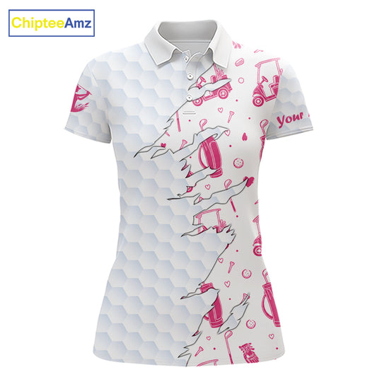 Women Golf Polo Shirt Custom Name Funny Golf Bag Cart Pattern Shirt, Golf Gifts For Ladies NBT825