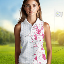 Load image into Gallery viewer, Women Sleeveless Golf Polo Shirt Custom Name Funny Golf Bag Cart Pattern Shirt, Golf Gifts For Ladies NBT825