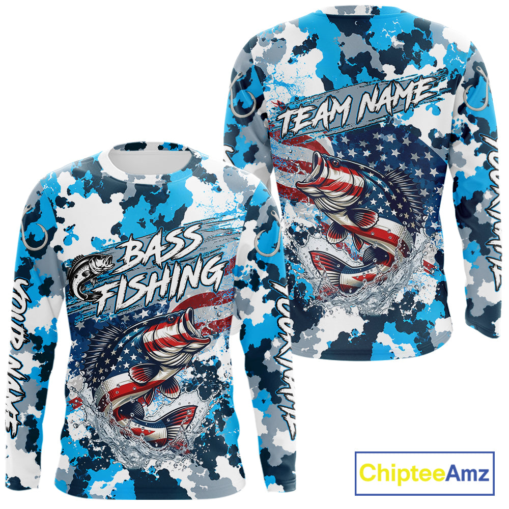 Blue Camouflage Bass Fishing American Flag Fishing Shirt Long Sleeve, Custom Bass Fishing Shirt NBT978