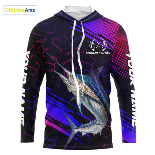 Custom Marlin Fishing Shirts with Hood Fish Hooks Long Sleeve Performance Shirt, Marlin Fishing Jersey NBT475