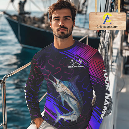 Custom Marlin Fishing Shirts Fish Hooks Long Sleeve Performance Shirt, Marlin Fishing Jersey NBT475