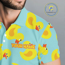 Load image into Gallery viewer, Close-up fabric of Funny Rubber Duck Pattern Golf Shirt with custom name on the chest