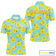 Load image into Gallery viewer, Funny Rubber Duck Golf Shirt front and back view - cute yellow rubber duck print design, breathable polyester fabric, short sleeve Polo shirt, tailored fit, white collar, custom golf team shirt 