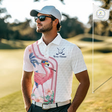 Load image into Gallery viewer, Funny Mens Golf Polo Shirt Custom Pink And White Tropical Flamingo Patter,White Golf Shirt NBT479